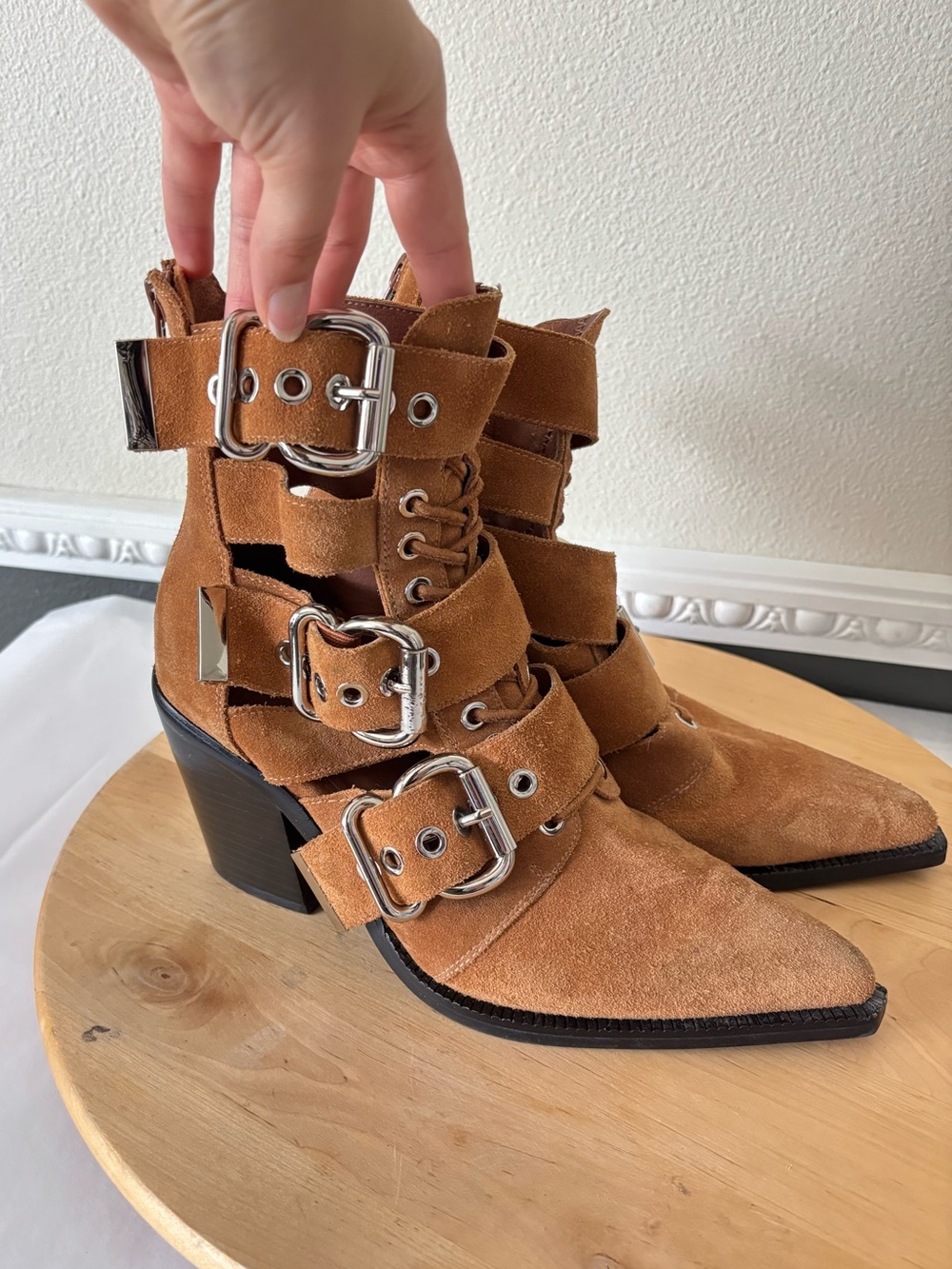 Jeffery Campbell Women's Caceres Suede Pointed Buckle Ankle Boots in Brown Size